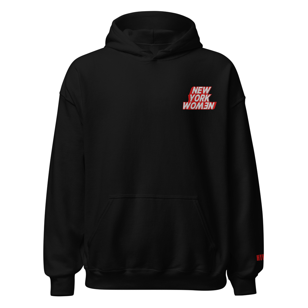 Black hoodie with 'New York Woman' embroidered on the left side of the chest