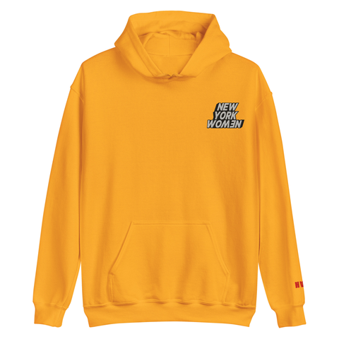 Yellow hoodie with 'New York Women' embroidered on left side of the chest