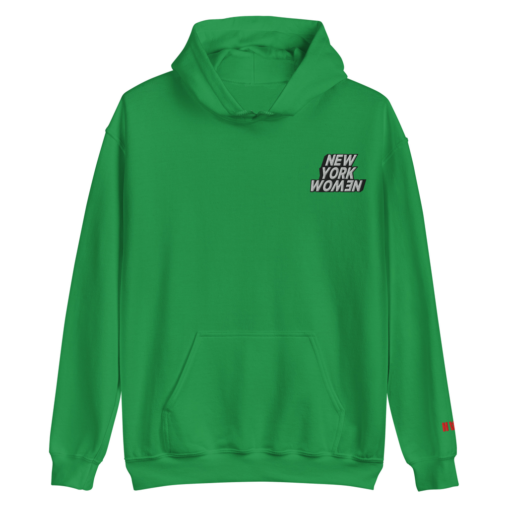Green hoodie with 'New York Women' embroidered on the left side of the chest