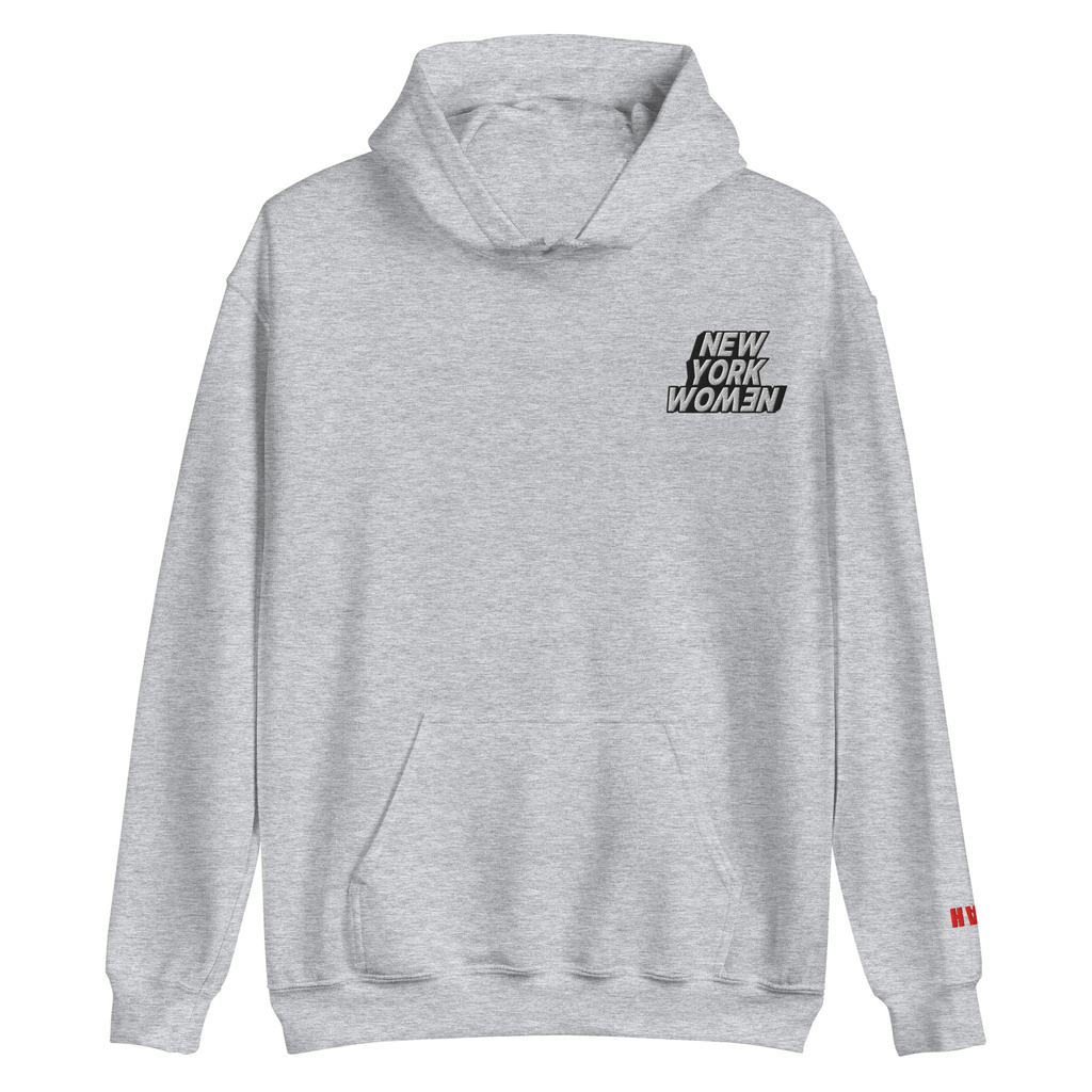 Gray hoodie with 'New York Women' embroidered on the left side of the chest.