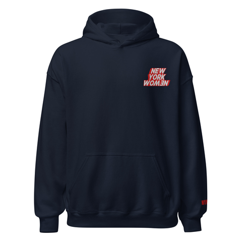 Navy hoodie with 'New York Woman' embroidered on the left side of the chest