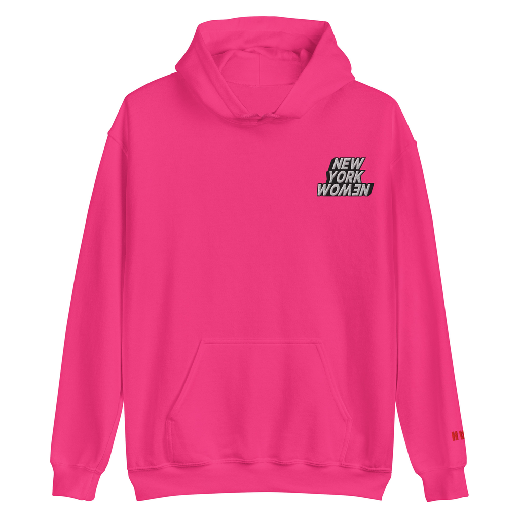 Pink hoodie with 'New York Women' text embroidered on the left side of the chest.