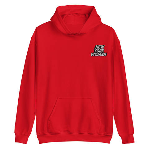 Red hoodie with 'New York Women' text embroidered on the left side of the chest.
