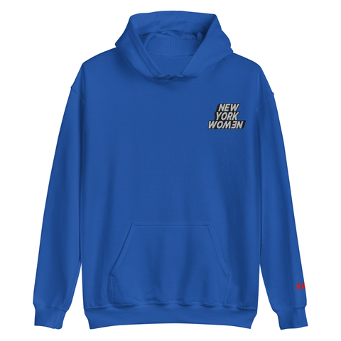 Blue hoodie with 'New York Women'embroidered on the left side of the chest