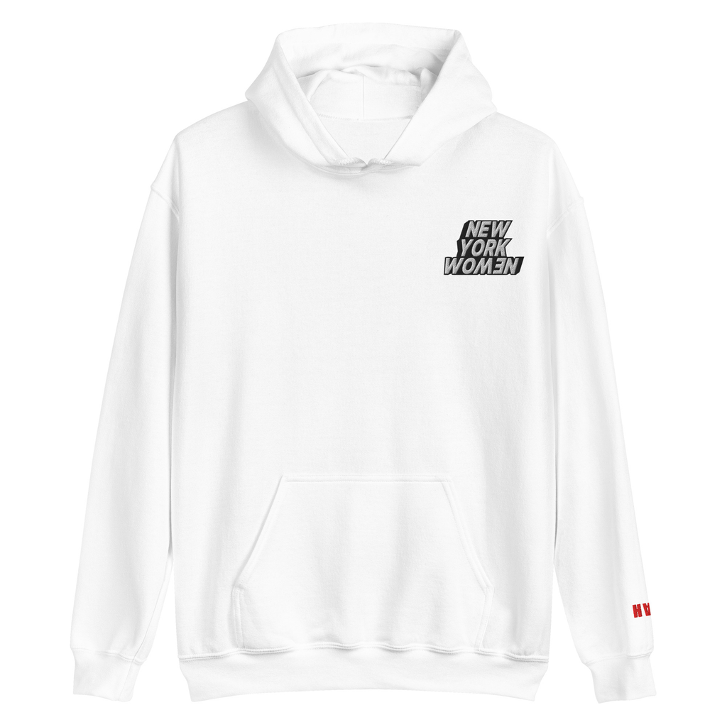 White hoodie with 'New York Women' embroidered on the left side of the chest