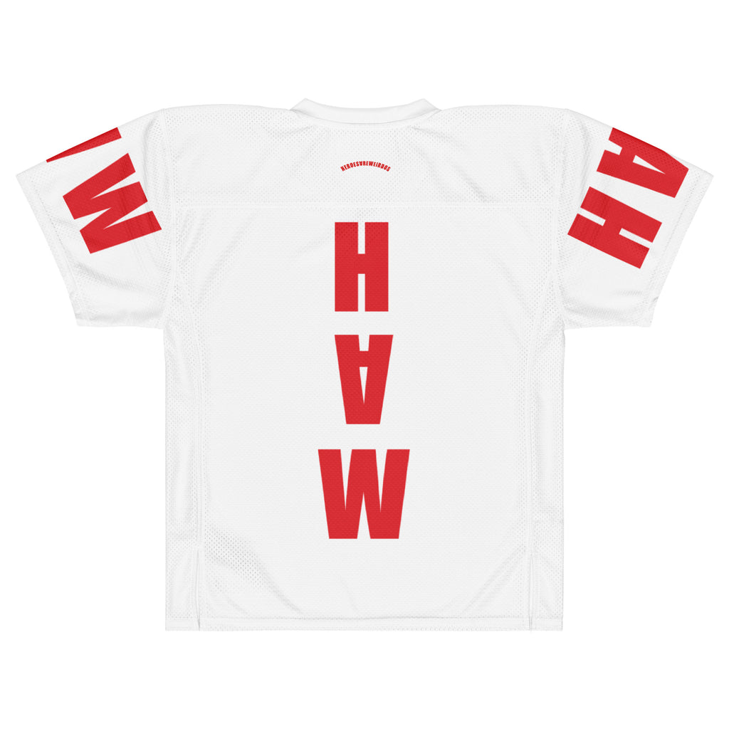 Red and White Heroes Are Weirdos Football Jersey Style Top - Back View