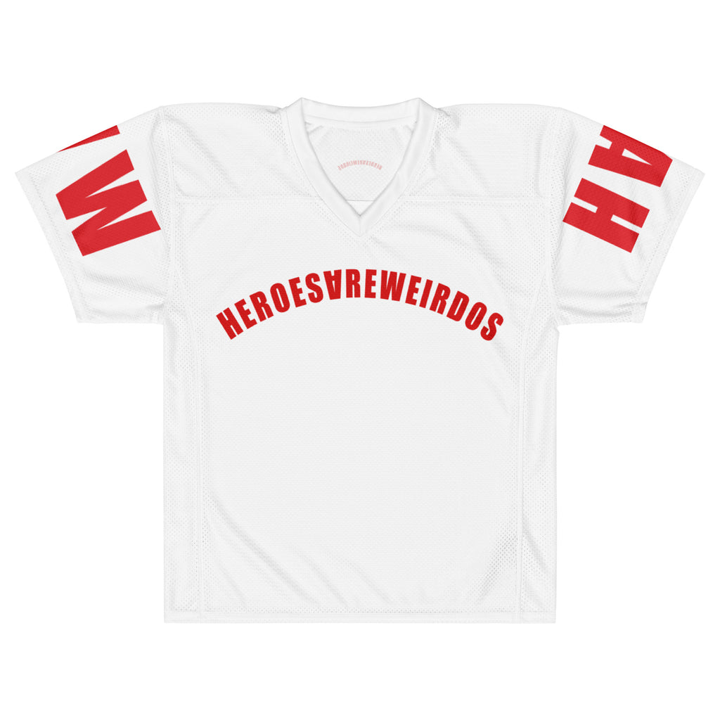 Red and White Heroes Are Weirdos Football Jersey Style Top - Front View