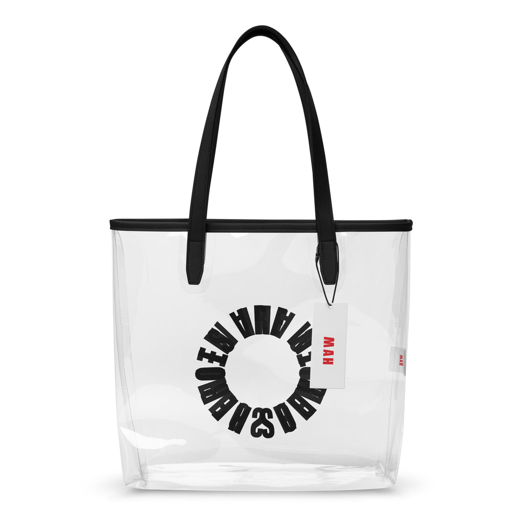 Clear Tot Bag with Heroes Are Weirdos logo in black