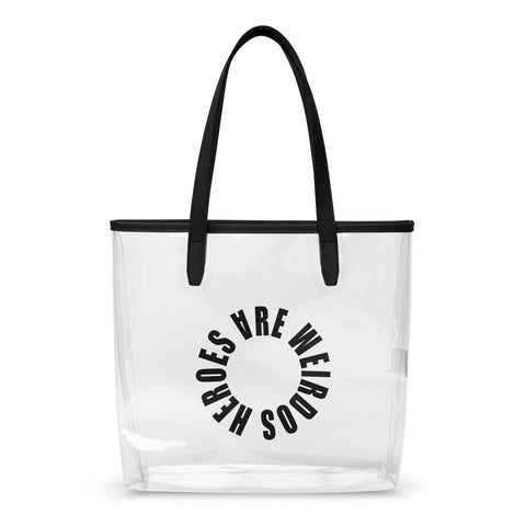 Clear Tot Bag with Heroes Are Weirdos logo in black