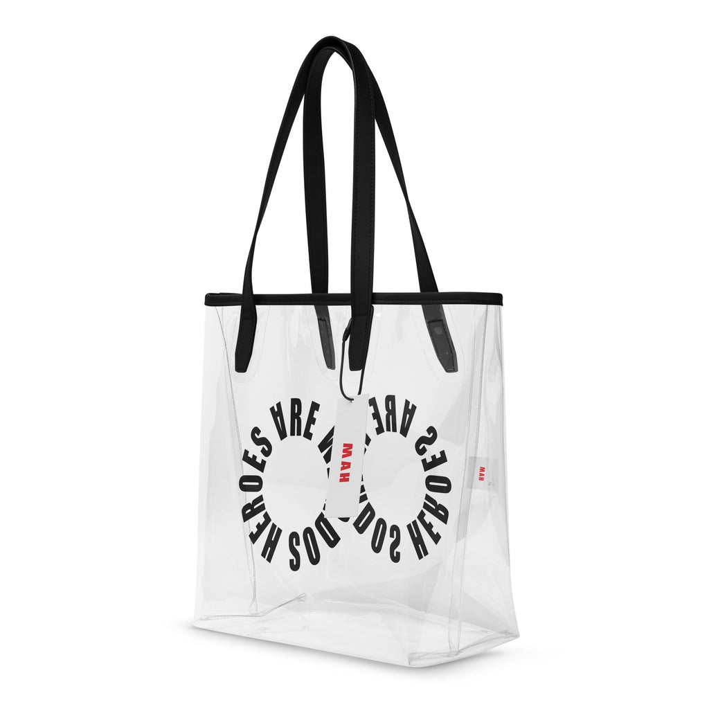 Clear Tot Bag with Heroes Are Weirdos logo in black