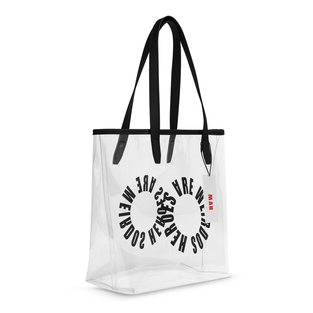 Clear Tot Bag with Heroes Are Weirdos logo in black