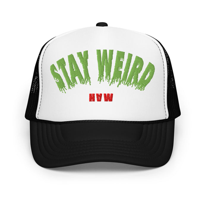 Front view of hat with Stay Weird embroidered in green and HAW logo in red