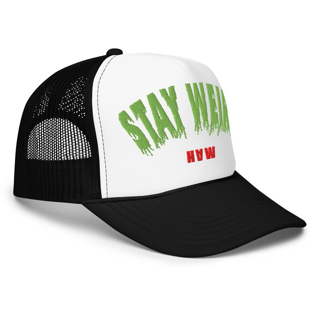 Side view of hat with Stay Weird embroidered in green and HAW logo in red