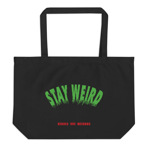 Front view of black tote with Stay Weird printed in green