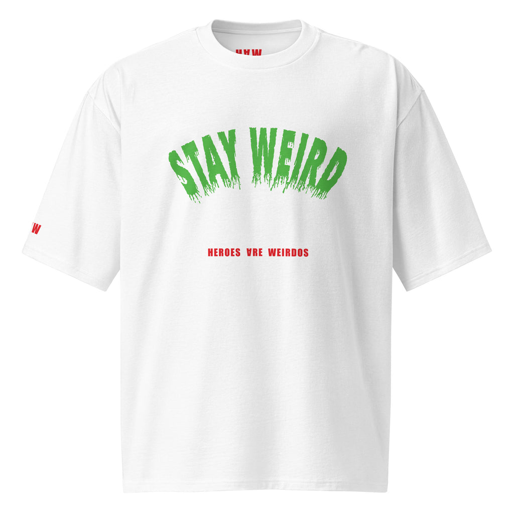 Front view of white oversized T-shirt with Stay Weird print in green