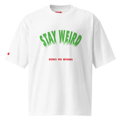 Front view of white oversized T-shirt with Stay Weird print in green