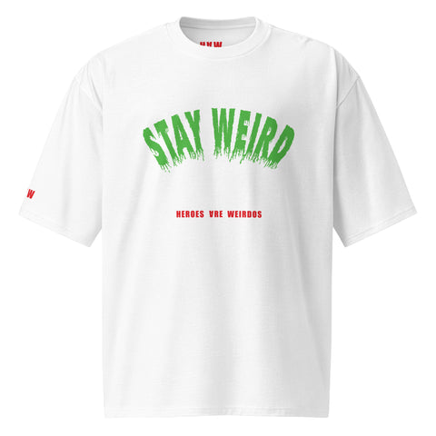 Front view of white oversized T-shirt with Stay Weird print in green