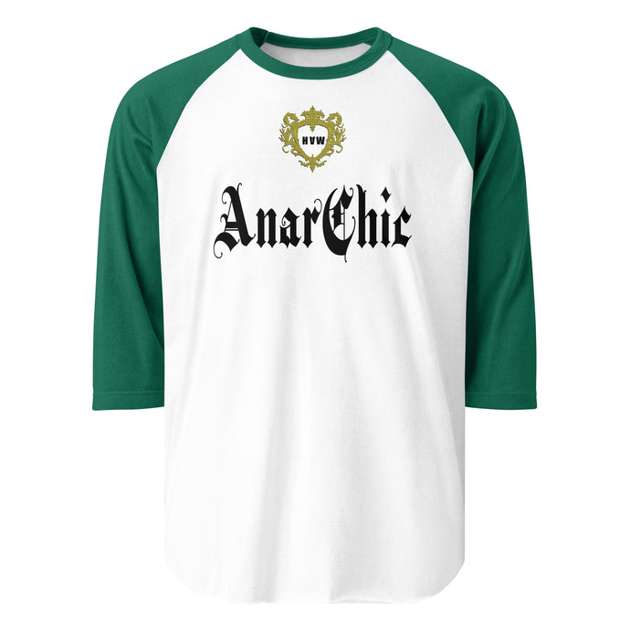 White 3/4 Sleeve t-shirt with contrast Green raglan sleeves. In the centre of the front is a print that reads AnarChic. There is a gold crest above the AnarChic text