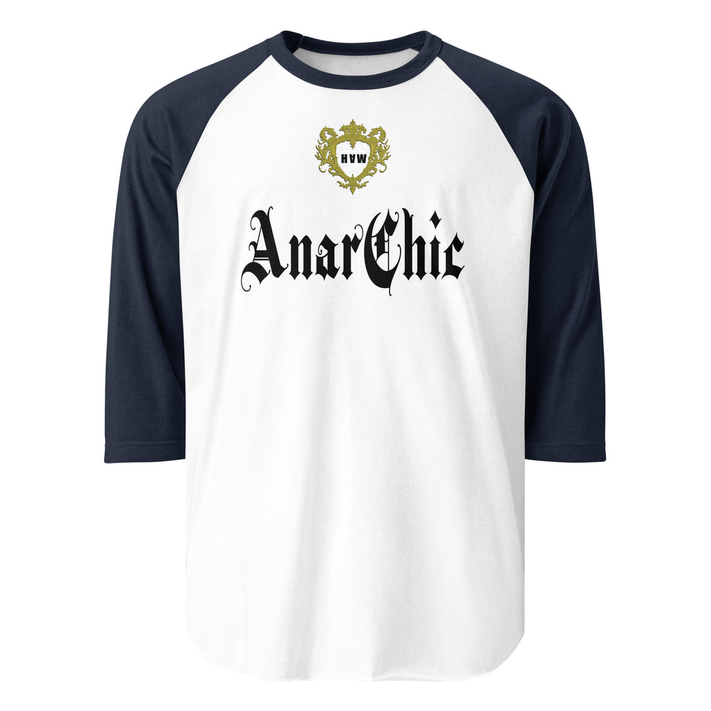 White 3/4 Sleeve t-shirt with contrast Navy raglan sleeves. In the centre of the front is a print that reads AnarChic. There is a gold crest above the AnarChic text