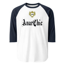 White 3/4 Sleeve t-shirt with contrast Navy raglan sleeves. In the centre of the front is a print that reads AnarChic. There is a gold crest above the AnarChic text
