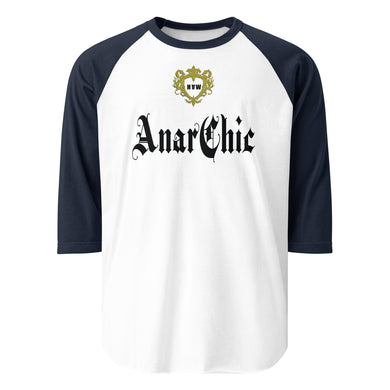 White 3/4 Sleeve t-shirt with contrast Navy raglan sleeves. In the centre of the front is a print that reads AnarChic. There is a gold crest above the AnarChic text