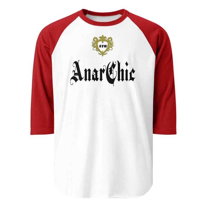 White 3/4 Sleeve t-shirt with contrast Red raglan sleeves. In the centre of the front is a print that reads AnarChic. There is a gold crest above the AnarChic text