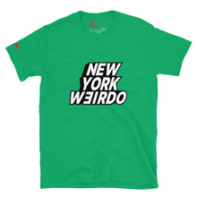 Green short sleeve t-shirt with New York Weirdo printed on the front.