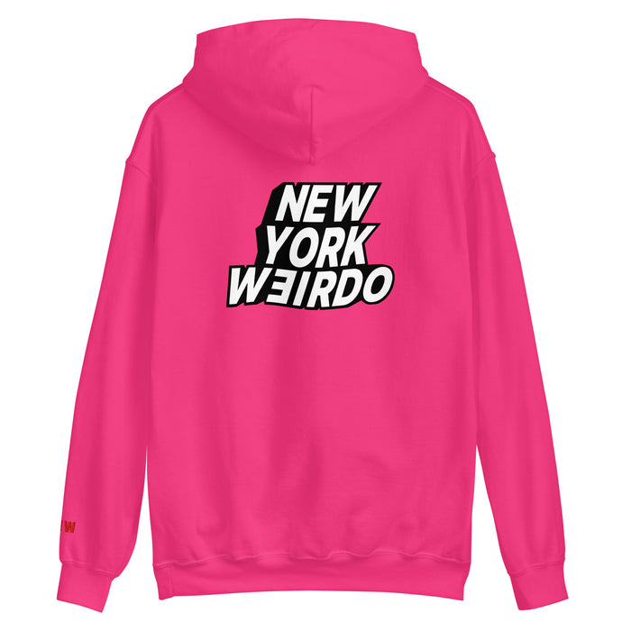 Back view of pink heliconia hoodie with graphic 'New York Weirdo' printed in white and black on the back