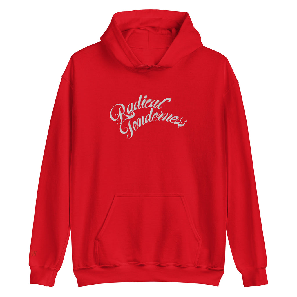 Red hoodie with 'Radical Tenderness' white text on a red background