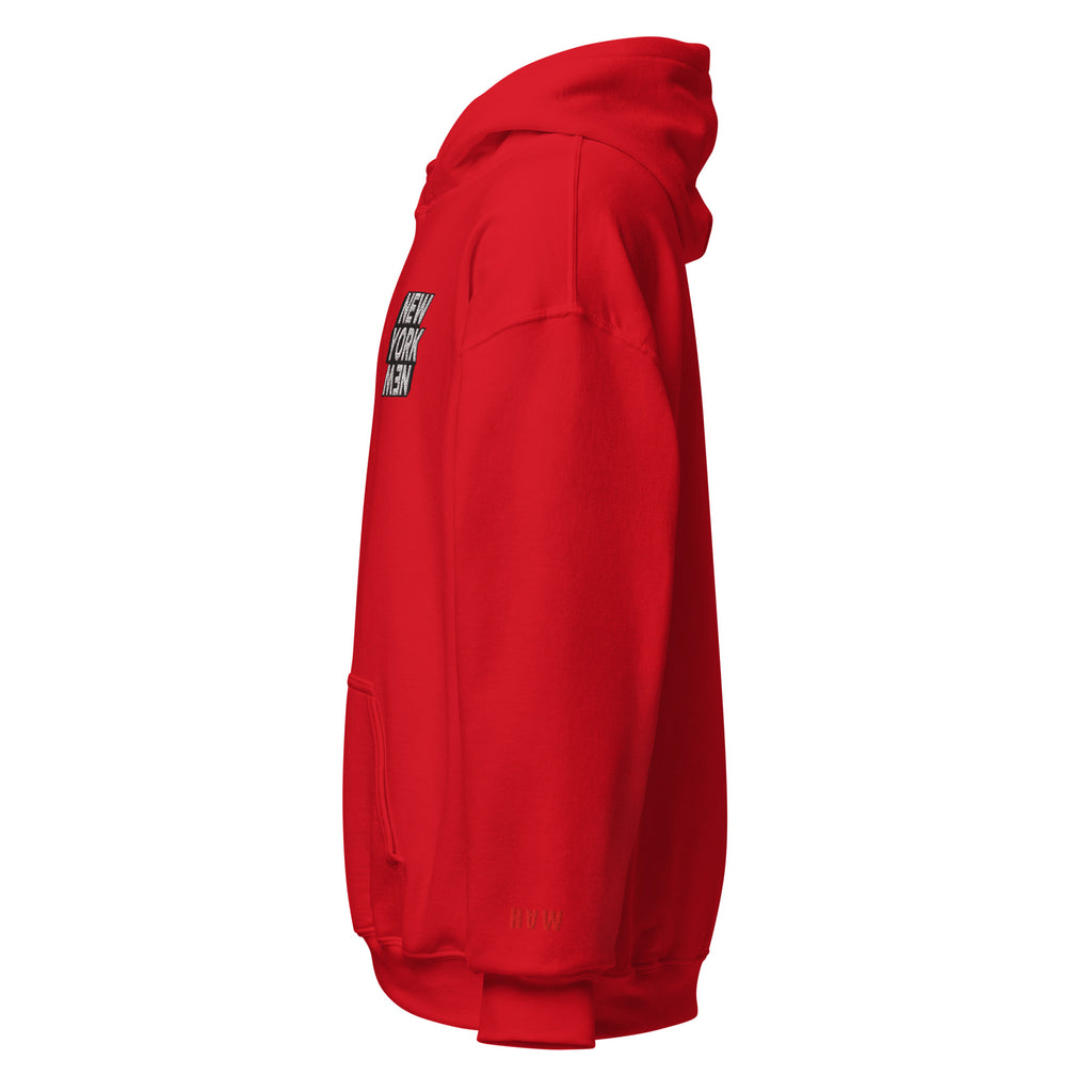 Side view of Red hoodie with 'New York Women' text embroidered on the left side of the chest. 